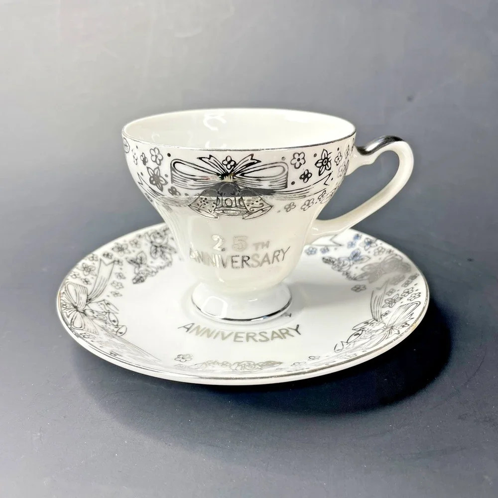 Vtg Arnart Creation Tea Cup & Saucer Japan‎ 25th Silver Anniversary White Bells